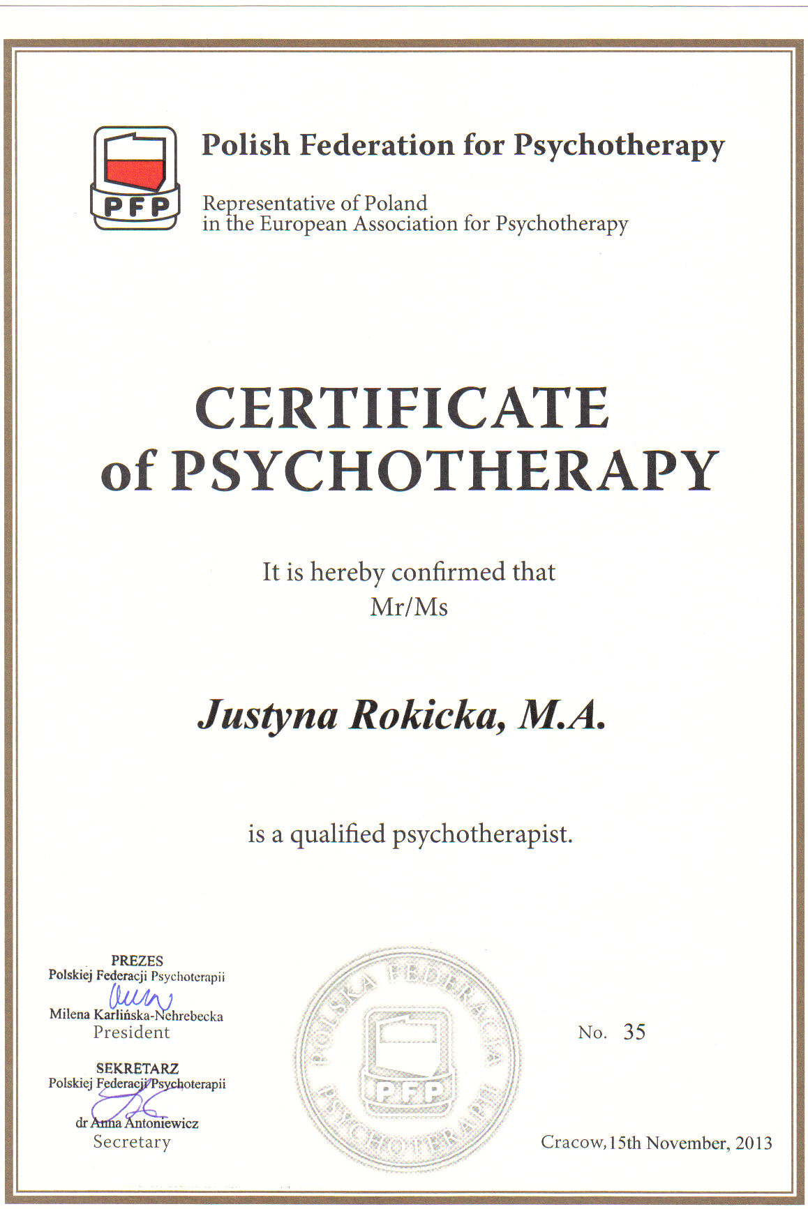 The European Certificate of Psychotherapy